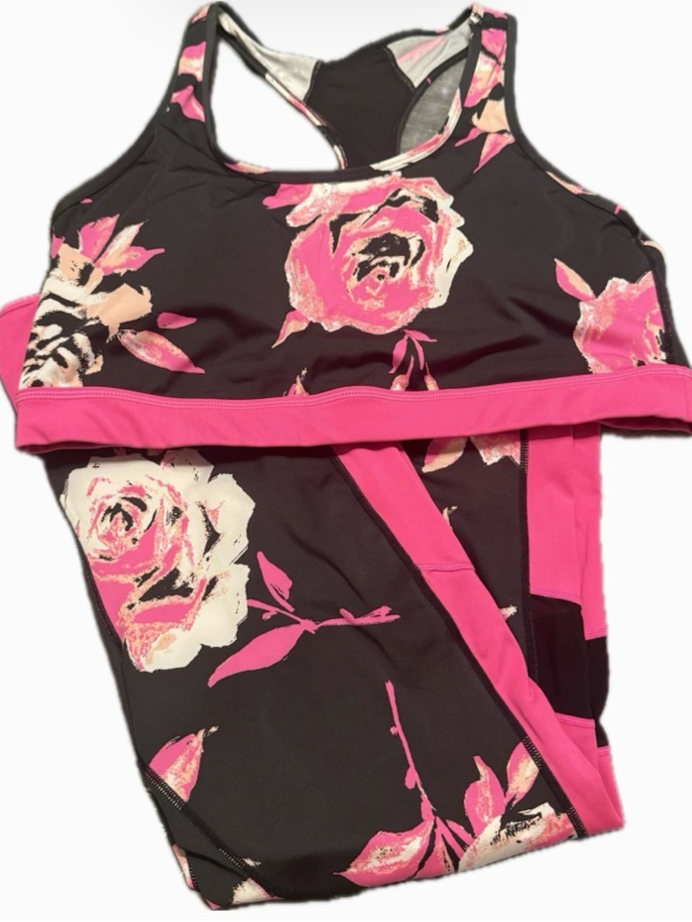 LuLaRoe Black Sports Bra & Legging set with Pink Floral Print